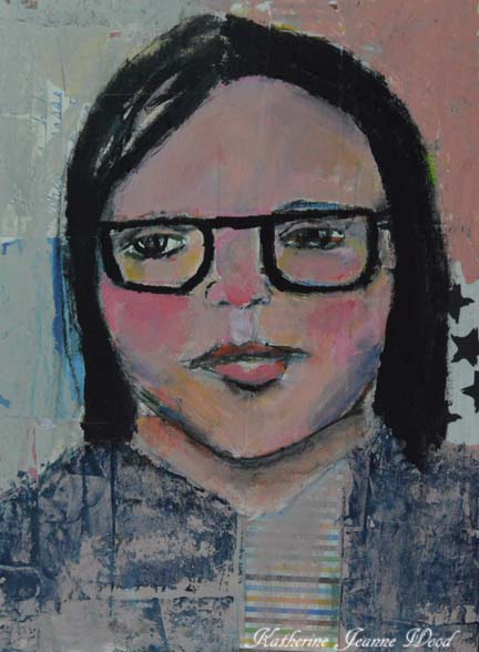 mixed media portrait painting girl wearing black glasses