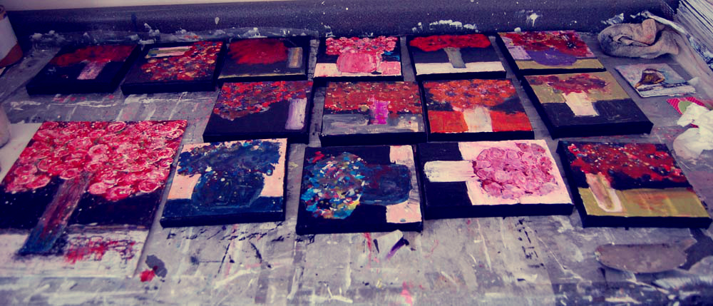 Katie Jeanne Wood - work table drying paintings 02