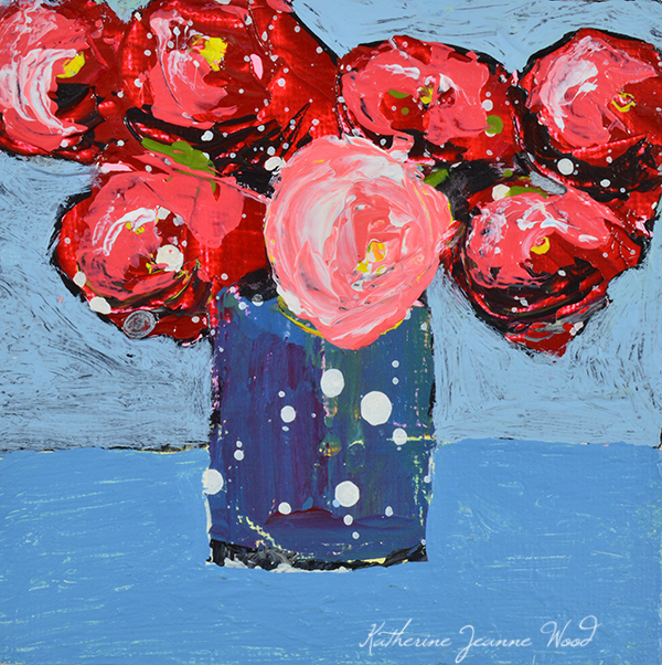 Red & blue cottage chic roses painting Katie Jeanne Wood - floral paintings - Art By Katie Jeanne