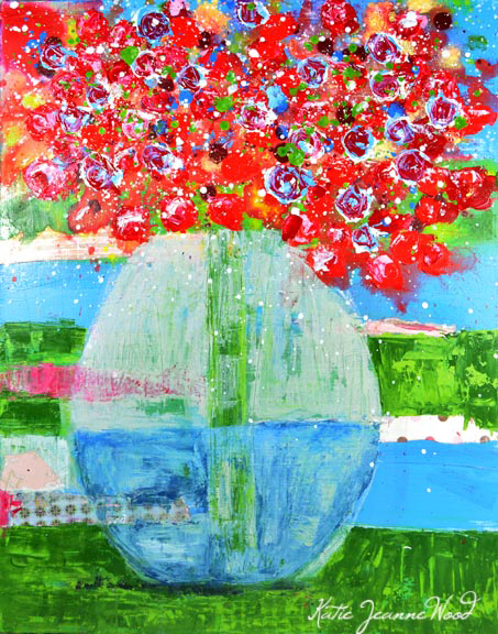 Katherine Jeanne Wood - 16x20 Red Green Mixed Media Collage Painting Flower Series No 175