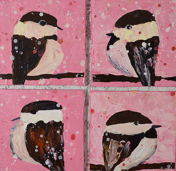 Bundle of four cottage chic chickadee bird paintings by Katie Jeanne Wood