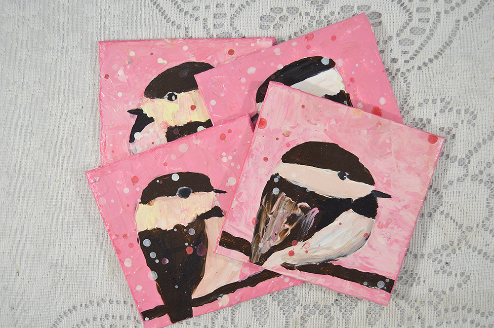 Bundle of four cottage chic chickadee bird paintings by Katie Jeanne Wood