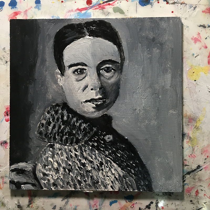 Simone de Beauvoir oil portrait painting work in progress Katie Jeanne Wood