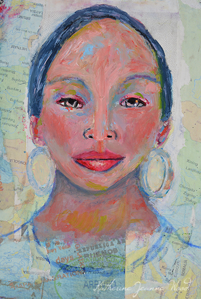 Acrylic mixed media map collage art woman portrait painting by Katie Jeanne Wood - Arrived