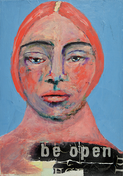 Pink & blue acrylic mixed media collage woman portrait painting by Katie Jeanne Wood - Be Open