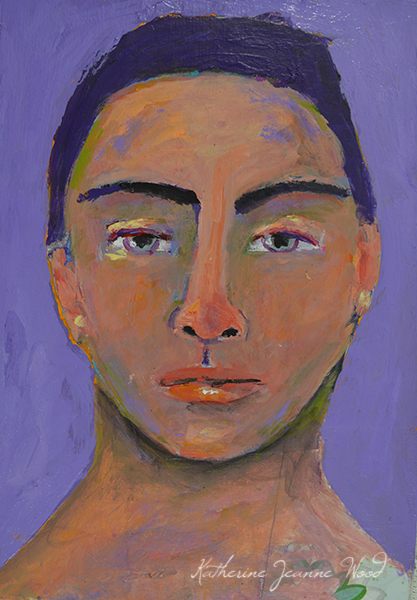 Purple acrylic mixed media collage woman portrait painting by Katie Jeanne Wood - Stuck Feelings