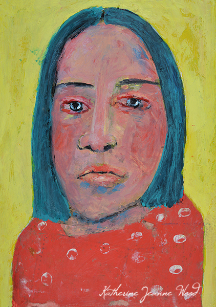 Yellow & red acrylic mixed media collage woman portrait painting by Katie Jeanne Wood - Somber One