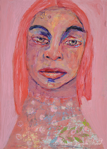 Pink tonal acrylic mixed media collage woman portrait painting by Katie Jeanne Wood - Where Do You Start, Where Do I Begin