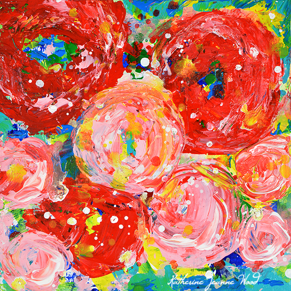 Pretty Floral Housewarming Gift for Her - Acrylic Red and Pink Flower Painting by Katie Jeanne Wood