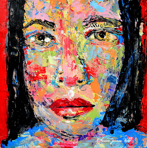 Soul Unfolding - red acrylic palette knife portrait painting by Katie Jeanne Wood