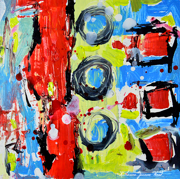 Red & blue acrylic abstract painting by Katie Jeanne Wood