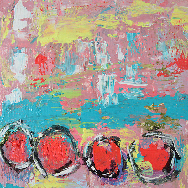 Pink and teal acrylic abstract painting by Katie Jeanne Wood - Keep Busy