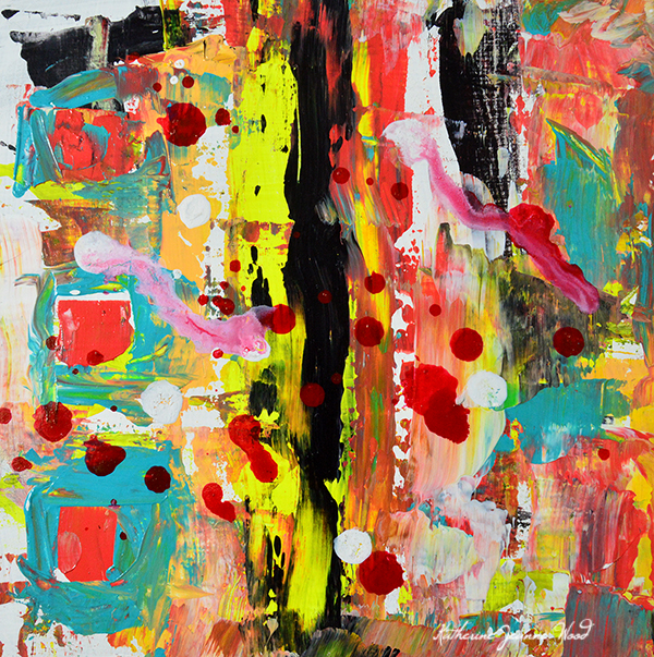 Red, teal, yellow abstract painting by Katie Jeanne Wood