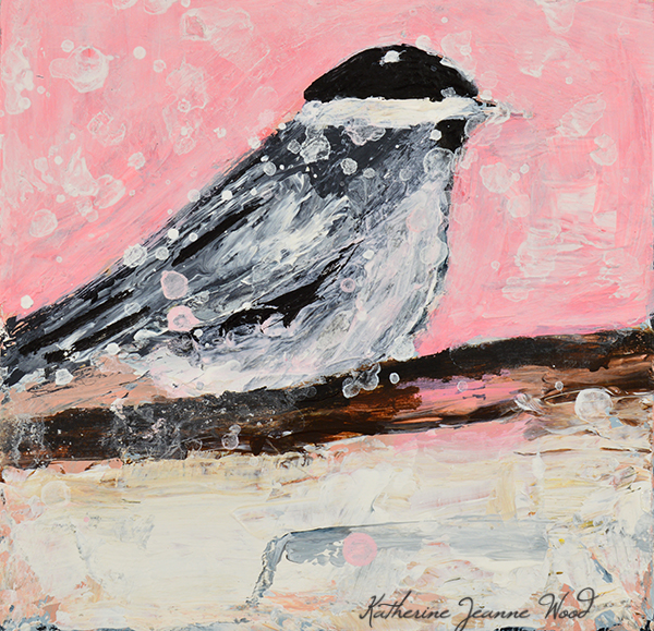 Pink chickadee bird painting by Katie Jeanne Wood