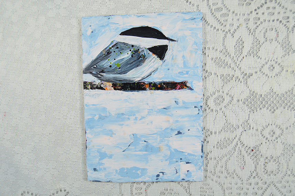 Katherine Jeanne Wood - Blue Chickadee Bird Acrylic mixed media painting