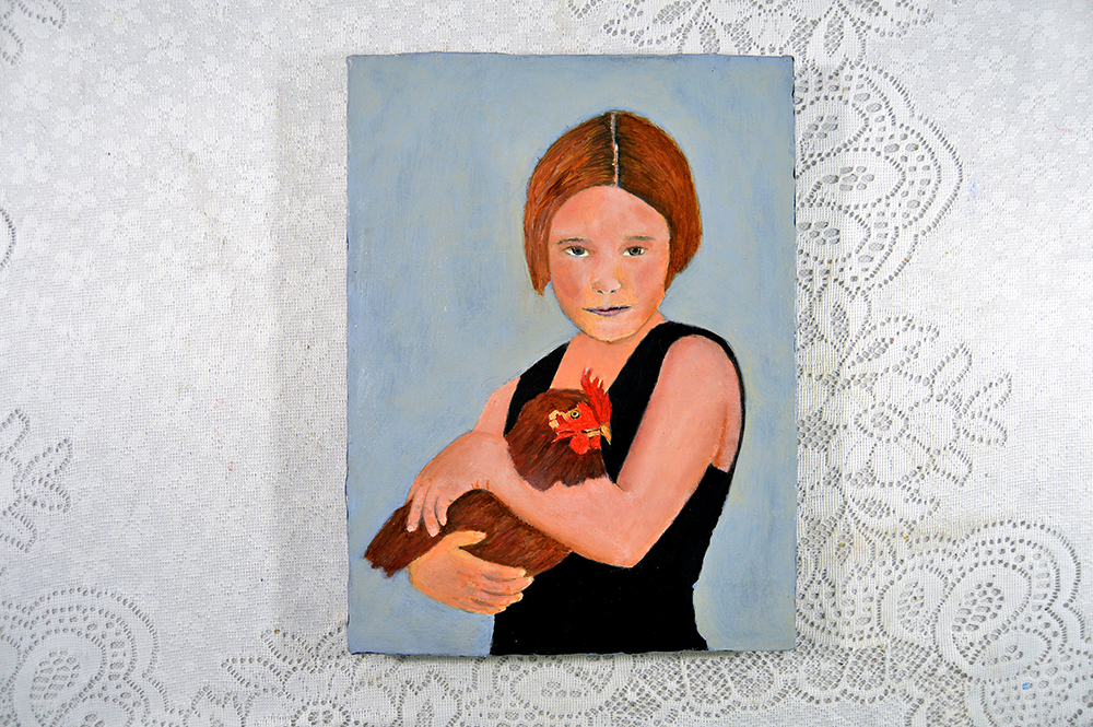 Katherine Jeanne Wood - Girl and Her Chicken oil portrait painting - She Won't Let Go No 2