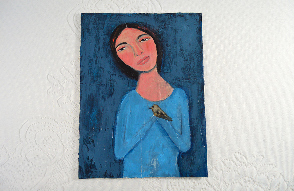 Katherine Jeanne Wood - Acrylic Girl & Bird Painting Singing the Blues No 2 