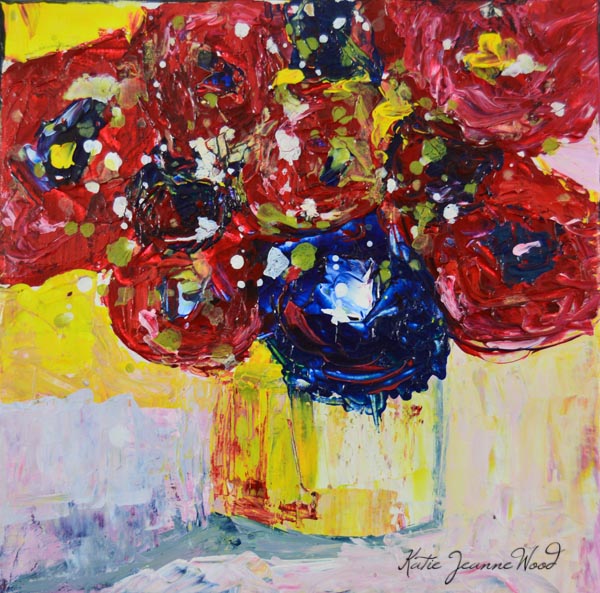 Katherine Jeanne Wood - Pink, yellow, blue floral painting on canvas