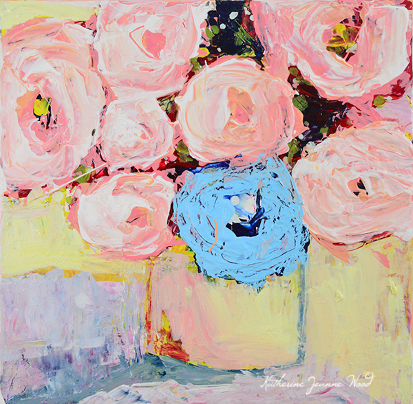 Katherine Jeanne Wood - Pink, yellow, blue floral painting on canvas