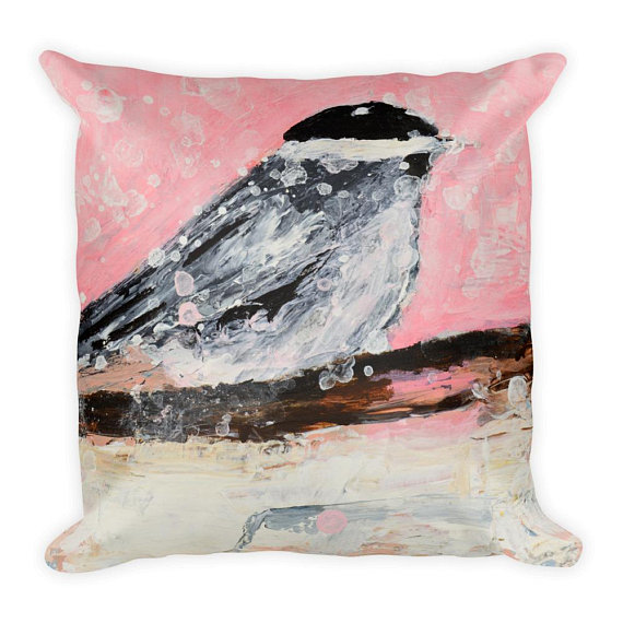 Katherine Jeanne Wood - pink chickadee bird pillow