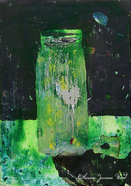 Dark Green Fireflies Jar Still Life Painting 