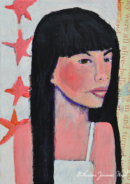 Bells and Stars Acrylic mixed media portrait painting by Katie Jeanne Wood