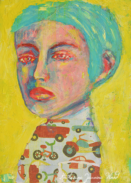 Yellow & teal acrylic mixed media collage woman portrait painting by Katie Jeanne Wood - Voyager's Dream