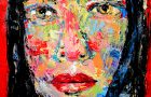 Soul Unfolding - red acrylic palette knife portrait painting by Katie Jeanne Wood