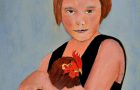 Katherine Jeanne Wood - Girl and Her Chicken oil portrait painting - She Won't Let Go No 2