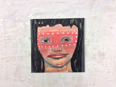 Acrylic portrait of a girl wearing a pink masquerade mask