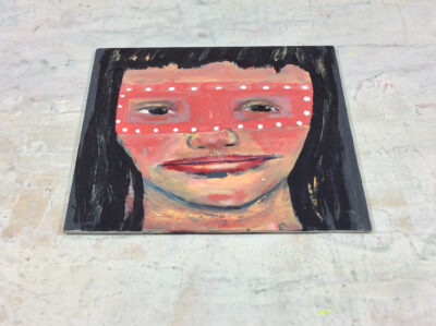 Acrylic portrait of a girl wearing a pink masquerade mask