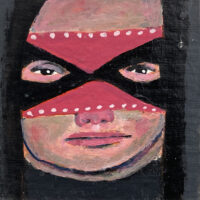 Miniature Halloween masquerade mask portrait painting by Katie Jeanne Wood