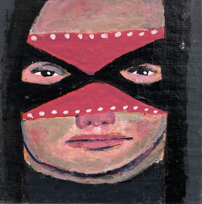 Miniature Halloween masquerade mask portrait painting by Katie Jeanne Wood