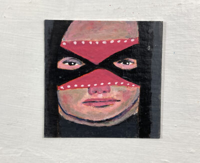 Miniature Halloween masquerade mask portrait painting by Katie Jeanne Wood