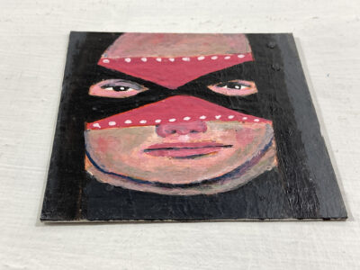 Miniature Halloween masquerade mask portrait painting by Katie Jeanne Wood