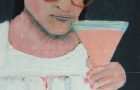 Katie Jeanne Wood - Cheers To You Pink Cosmopolitan portrait painting sale