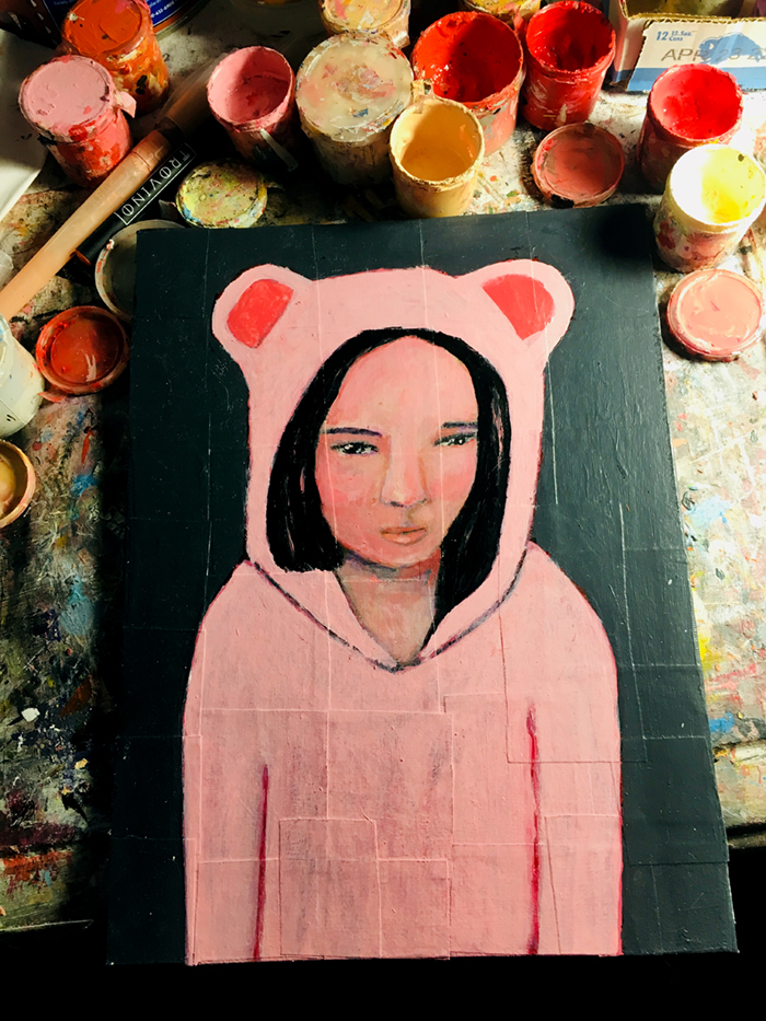Katie Jeanne Wood - little pink bear portrait painting
