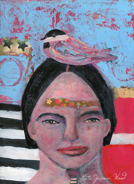 Katie Jeanne Wood - 9x12 Good Luck Charm - girl and bird painting