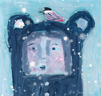 Mini Blue Bear and Chickadee Bird Painting - Blue Winter Daze