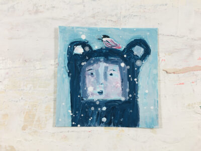 Katie Jeanne Wood - 4x4 Blue Winter Daze - Blue Bear and Chickadee Painting