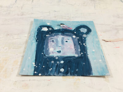 Katie Jeanne Wood - 4x4 Blue Winter Daze - Blue Bear and Chickadee Painting