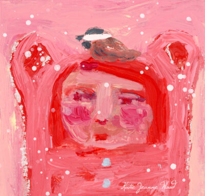 Katie Jeanne Wood - 4x4 Pink bear and chickadee bird painting - Winter BFFs