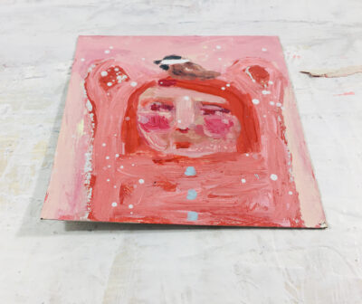 Katie Jeanne Wood - 4x4 Pink bear and chickadee bird painting - Winter BFFs