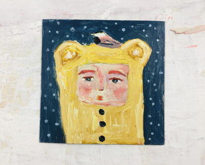 Katie Jeanne Wood - 4x4 Winter Star Gazers - yellow bear and chickadee painting