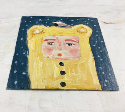 Katie Jeanne Wood - 4x4 Winter Star Gazers - yellow bear and chickadee painting