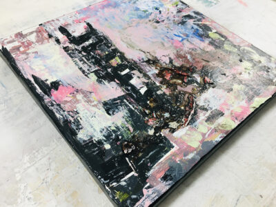 Katie Jeanne Wood - 8x8 London Fog pink and black abstract art painting