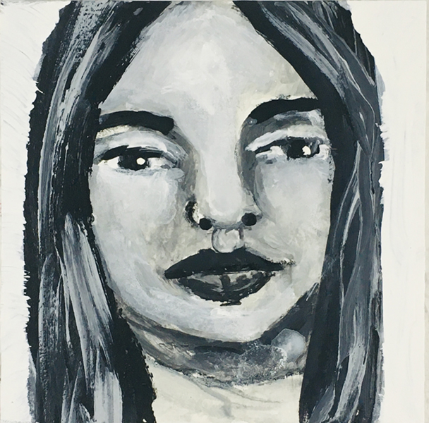 Katie Jeanne Wood - Where Have I Been All This Time b&w mini portrait painting