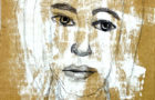 Katie Jeanne Wood - 6x6 Concerned acrylic portrait painting on cardboard
