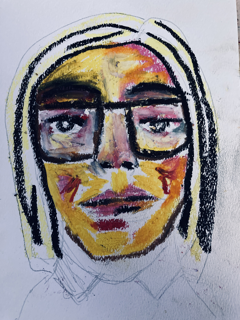 Katie Jeanne Wood - 9x6 Oil Pastel Portrait Woman Big Glasses No 5 01