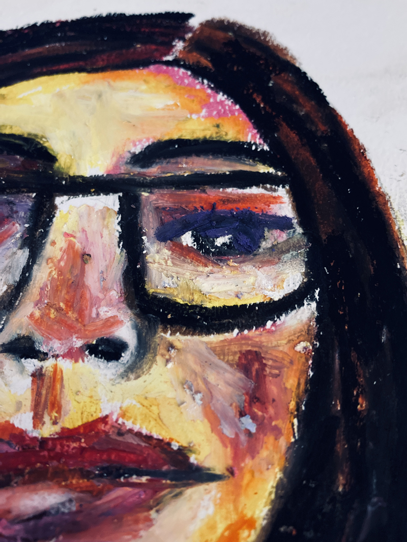 Katie Jeanne Wood - 9x6 Oil Pastel Portrait Woman Big Glasses No 5 01